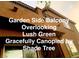 Garden side balcony overlooking lush greenery, gracefully canopied by shade trees offering a tranquil retreat at 153 Via Di Mello, Henderson, NV 89011