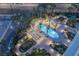 Aerial view of a modern pool with lounge areas, surrounded by lush landscaping and mature palm trees at 2777 Paradise Rd # 1105, Las Vegas, NV 89109