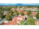 An aerial view of a desert community featuring well-maintained homes, mature trees, and stunning mountain views at 5112 Onion Creek Ln, Las Vegas, NV 89113