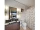 Modern bathroom with sleek vanity, stainless steel fixtures, and a shower with a decorative curtain at 900 Las Vegas Blvd # 715, Las Vegas, NV 89101