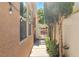 Well-maintained side yard with a secure gate, small trees, and charming string lights at 5380 Flowing Spring St, Las Vegas, NV 89122