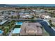 Expansive aerial view of a residential area displaying homes with well-kept yards, pools, and community streets at 9760 Arch Canyon Ct, Las Vegas, NV 89149