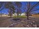 Large backyard with artificial turf, mature trees, and unique rock landscaping at dusk at 1731 Sherwin Ln, Las Vegas, NV 89156
