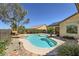 Inviting backyard pool with a tranquil seating area, lush greenery, and privacy fencing at 2151 Bannerwood St, Henderson, NV 89044