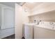 Efficient laundry room with newer washer/dryer, storage shelves and arched door at 2201 Ramsgate Dr # 128, Henderson, NV 89074