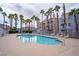 A community swimming pool is surrounded by palm trees and lounge chairs for residents' enjoyment at 5000 Red Rock St # 237, Las Vegas, NV 89118