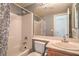 Neutral bathroom with a single sink vanity and shower-tub combination with shower curtain at 2920 Riarosa Ct, North Las Vegas, NV 89086