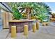 Outdoor kitchen with log-stool seating and tropical trees in the backyard at 2926 E Eldorado Ln, Las Vegas, NV 89120