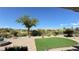 Beautiful backyard with a grassy area, mature tree, and brick patio at 4299 Fiore Bella Blvd, Las Vegas, NV 89135