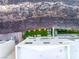 Birds eye view of backyard oasis with fire pit, seating, and artificial turf at 358 Solitude Peak Ln, Henderson, NV 89012