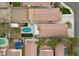 A bird's eye view shows a refreshing backyard pool, outdoor seating, and vibrant landscaping at 5937 Round Castle St, Las Vegas, NV 89130