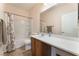 Bathroom showcasing a single sink, vanity, toilet, and a shower/tub combo at 329 Gemstone Hill Ave, North Las Vegas, NV 89031
