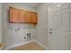 A laundry room has built-in wood cabinets and a white door at 981 Buffalo River Ave, Henderson, NV 89002