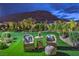 Serene backyard seating area with comfortable chairs, soft turf, lush plants, and hill views in the distance at 11238 Rebel Dome Ct, Las Vegas, NV 89141