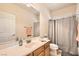 Bathroom featuring a single sink, white countertops and shower and toilet combination at 7856 Tolberts Mill Dr, Las Vegas, NV 89131
