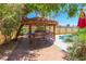 Outdoor tiki bar featuring seating for six with a straw roof and nearby pool at 1440 Rawhide Rd, Boulder City, NV 89005