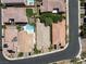 An aerial shot showcases backyard amenities, including pools, manicured lawns, and neat landscaping in a residential neighborhood at 2434 Quiet Ode St, Henderson, NV 89044
