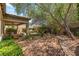 Lush backyard featuring a covered patio, outdoor seating, built-in grill, and desert landscaping at 2434 Quiet Ode St, Henderson, NV 89044