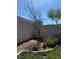 Corner of fenced backyard with rock landscaping and small flowering trees and bushes at 3805 White Castle St, Las Vegas, NV 89129