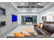 Comfortable living room with fireplace, tv, and sliding glass doors offering views of the backyard at 4070 N Tee Pee Ln, Las Vegas, NV 89129