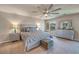 Comfortable main bedroom with a ceiling fan, a gray dresser, and plush bedding at 6453 Mount Eden Ave, Las Vegas, NV 89139