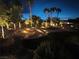 Backyard at night featuring landscape lighting, tall palm trees and a stone fire pit at 8225 Fulton Ranch St, Las Vegas, NV 89131