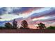 A beautiful pink sunset sky over treetops and a brick wall provides a serene scene at 5120 Mirage Garden St, Las Vegas, NV 89130