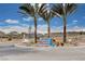 Community entrance sign with vibrant palm trees in pots and desert landscaping at 5236 Sunstone Mesa Dr, Las Vegas, NV 89166