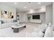 Bright and spacious living room featuring modern decor, plush seating, and a large screen television at 9125 Las Manaitas Ave # 302, Las Vegas, NV 89144