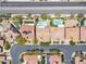 Drone shot capturing the tidy neighborhood with swimming pools, well-kept yards, and orderly street layouts at 9362 Wilderness Glen Ave, Las Vegas, NV 89178