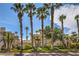 The condo has a lush landscaped entrance featuring palm trees and well-maintained grounds at 10109 Jacob Pl # 203, Las Vegas, NV 89144