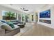 Open-concept living area with a fireplace, large windows, and comfortable sectional sofa at 10277 Roma Madre Ave, Las Vegas, NV 89135