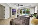 Stylish main bedroom with a sleek bed, fireplace, TV, and a view of the pool at 10277 Roma Madre Ave, Las Vegas, NV 89135