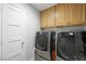 Convenient laundry room equipped with front-loading washer and dryer, and ample storage at 5125 Turnberry Ln, Las Vegas, NV 89113