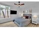 Inviting bedroom featuring a modern ceiling fan, large windows and hardwood floors, creating a serene space at 9513 Villa Ridge Dr, Las Vegas, NV 89134