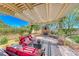 Inviting outdoor patio with pergola, stone fireplace, and comfortable seating, perfect for relaxing and entertaining at 1432 Castle Crest Dr, Las Vegas, NV 89117