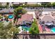 Aerial perspective of a well-maintained home featuring a backyard pool, and vibrant landscaping at 3396 Montessouri St, Las Vegas, NV 89117