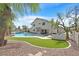 Beautiful backyard featuring a pristine pool, lush synthetic grass, and a well-maintained exterior at 3396 Montessouri St, Las Vegas, NV 89117