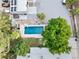 Overhead view featuring a sparkling pool, lush greenery, and ample space for outdoor activities at 7545 Constantinople Ave, Las Vegas, NV 89129