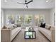 Bright living room with neutral furniture, modern ceiling fan, and outdoor views at 21 Sawgrass Ct, Las Vegas, NV 89113
