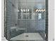 Stylish shower with dark geometric tiling, glass door, and gold hardware offers a spa-like experience at 21 Sawgrass Ct, Las Vegas, NV 89113