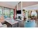 Living room with high ceilings, fireplace, and sliding doors to outdoor patio at 2479 Domingo St, Las Vegas, NV 89121