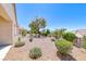 Well-maintained backyard with desert landscaping, mature trees, and picturesque neighborhood scenery at 2501 Celestial Light Dr, Henderson, NV 89044