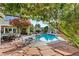 Landscaped backyard with a serene pool, lush greenery, and a relaxing lounge area at 3004 Astoria Pines Cir, Las Vegas, NV 89107