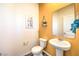 Cozy bathroom features a pedestal sink, toilet, mirror, and decor at 6521 Cinnamon Hazelnut St # Lot 91, North Las Vegas, NV 89084