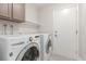 Convenient laundry room equipped with modern appliances and overhead storage at 1816 Mazzanti Way, Henderson, NV 89014