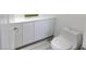 Clean and compact powder room features a white low-flow toilet and modern cabinetry for an efficient use of space at 271 E Shelbourne Ave, Las Vegas, NV 89123