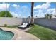 A luxurious backyard featuring a cozy outdoor lounge area, green turf, and partial view of the refreshing pool at 600 Beresford Ave, Las Vegas, NV 89123