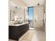 Contemporary bathroom with double vanity, walk-in shower, and expansive city views at 700 W Carson Ave # 2307, Las Vegas, NV 89106