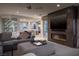 Living area with kitchen view, fireplace, media center, and plush seating for relaxation and entertainment at 1683 Tangiers Dr, Henderson, NV 89012
